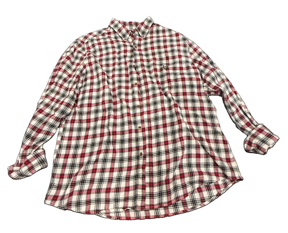 CHAPS Men’s Large Brushed Flannel Shirt Red Black Plaid 100% Cotton Button Up